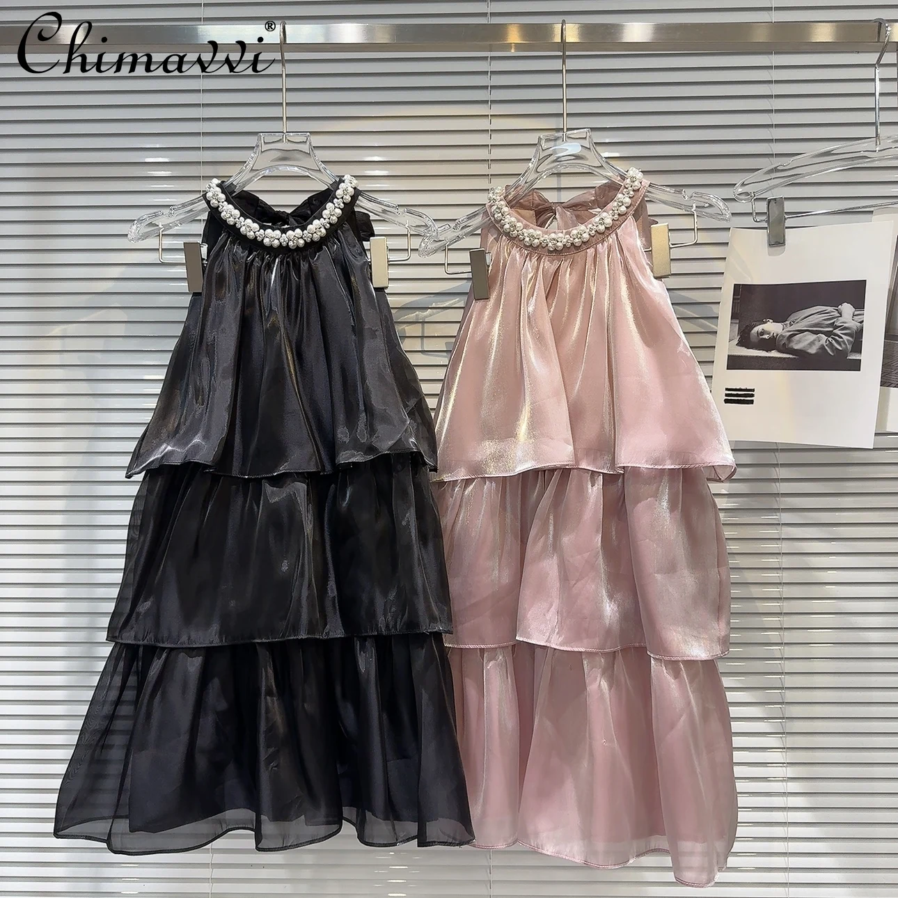 

Summer 2024 New Fashion Round Neck Sleeveless Pearl Collar Short Dress Sweet Girl Bright Silk Chiffon Tiered-Ruffle Mini Dress