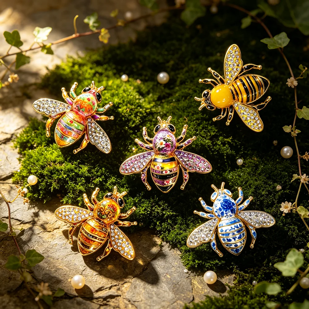 Vintage Emaille-Bienenbrosche mit Kristall-Strass, Insekten-Anstecknadel, farbenfrohes Hummel-Abzeichen, Damen-Kleidungszubehör, Schmuckgeschenk
