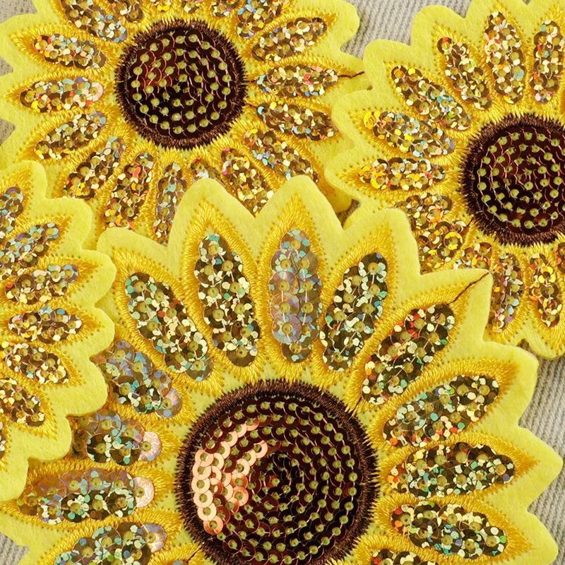 1 Piece Sunflower Embroidery Patch Sequin Patch Iron on Patches Patchs for Clothes Badges Backpack Custom Anti Imperfection Logo