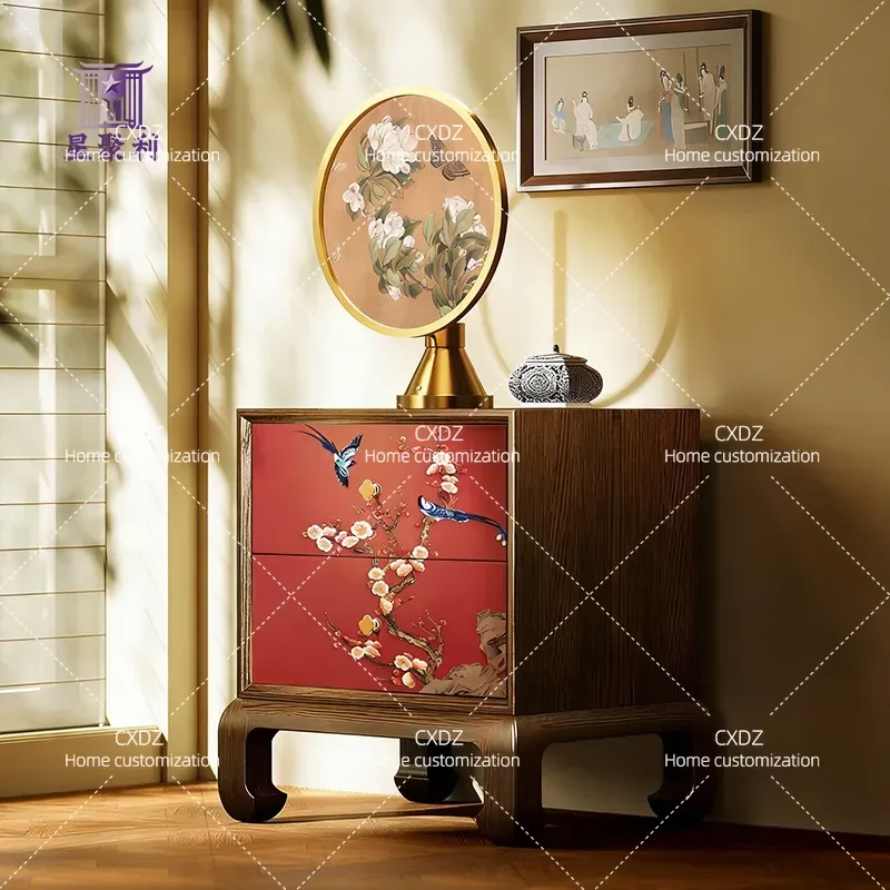 Chinese Retro Festive Flowers and Birds Solid Wood Bedside Table Song Aesthetics Chest of Drawers Bedroom Storage Cabinet
