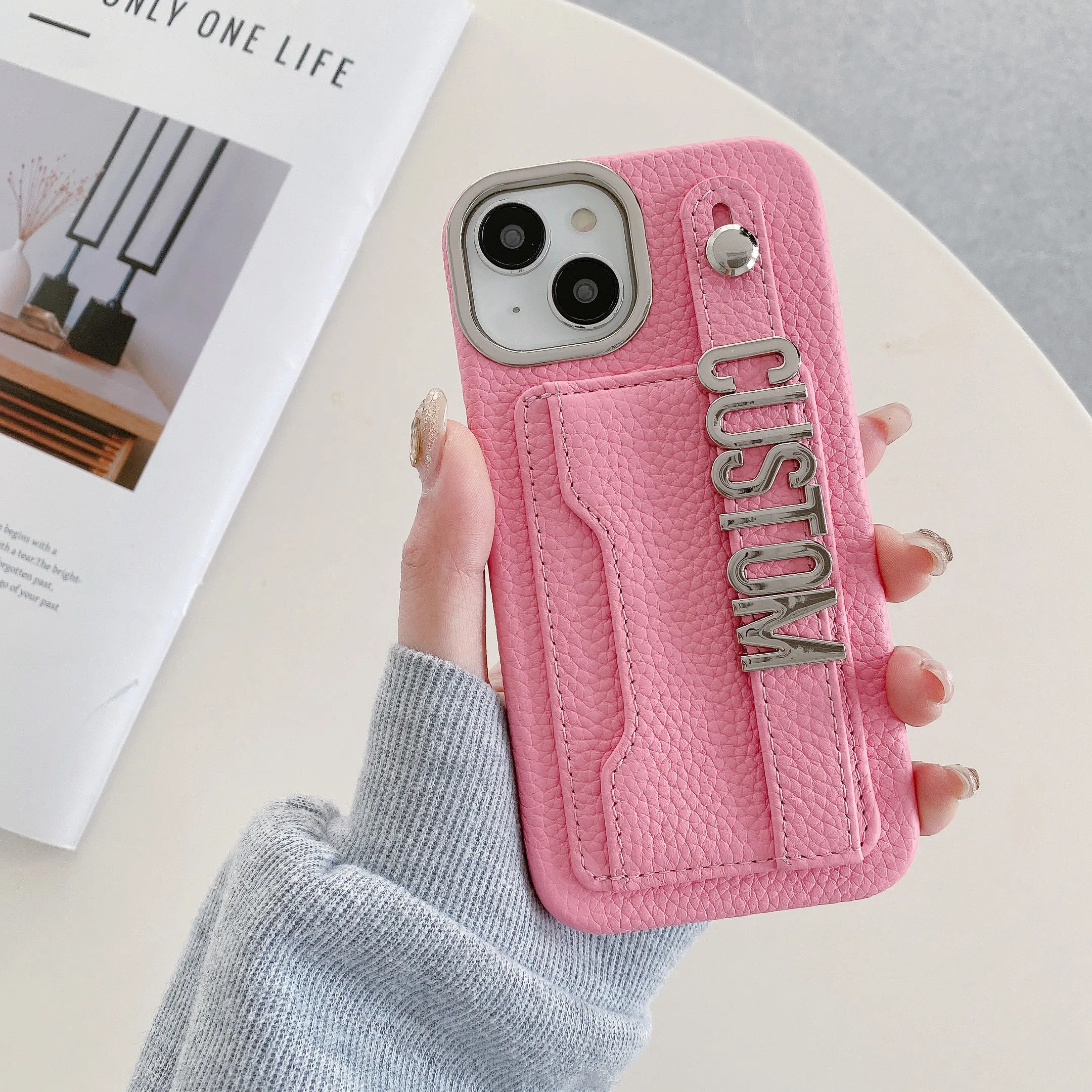 Customized Letters name Genuine Leather Phone case for iPhone15 14 13 12 ProMax 15Plus Personalized Cardholder wristband Cover