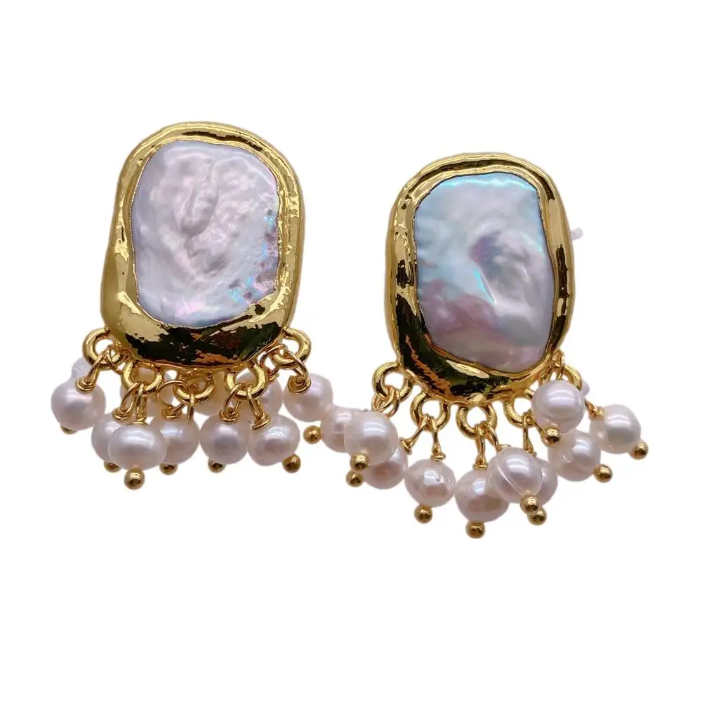 

KKGEM 19x22mm Real Rectangle Pearl Party Gift 4-5mm Freshwater White Pearl Stud Earrings