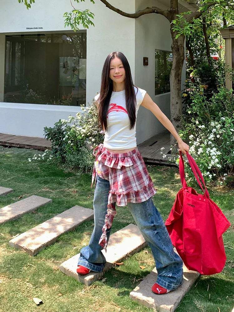 ReddaChic Punk Plaid Ster Vrouwen Coverups voor Jeans Verpakt Tiered Ruffle Mini Rok Zomer Festival Concert Retro Y2k Kleding