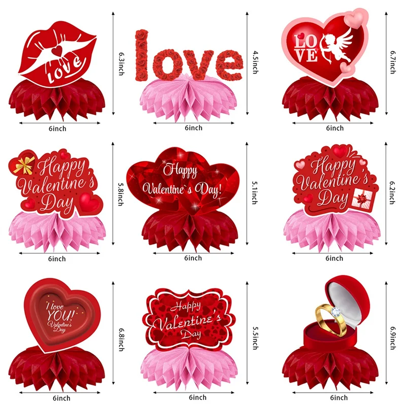 9 ชิ้นวันวาเลนไทน์รังผึ้ง Centerpieces วันวาเลนไทน์พรรคตาราง Toppers อุปกรณ์วันหยุด (สีแดง)