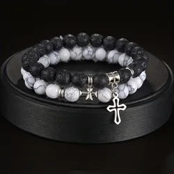 2pcs Set Trendy Nature Stone Cross Beaded Bracelets For Men Vintage White Turquoise Volcanic Stone Men’s Beaded Bracelets Gifts
