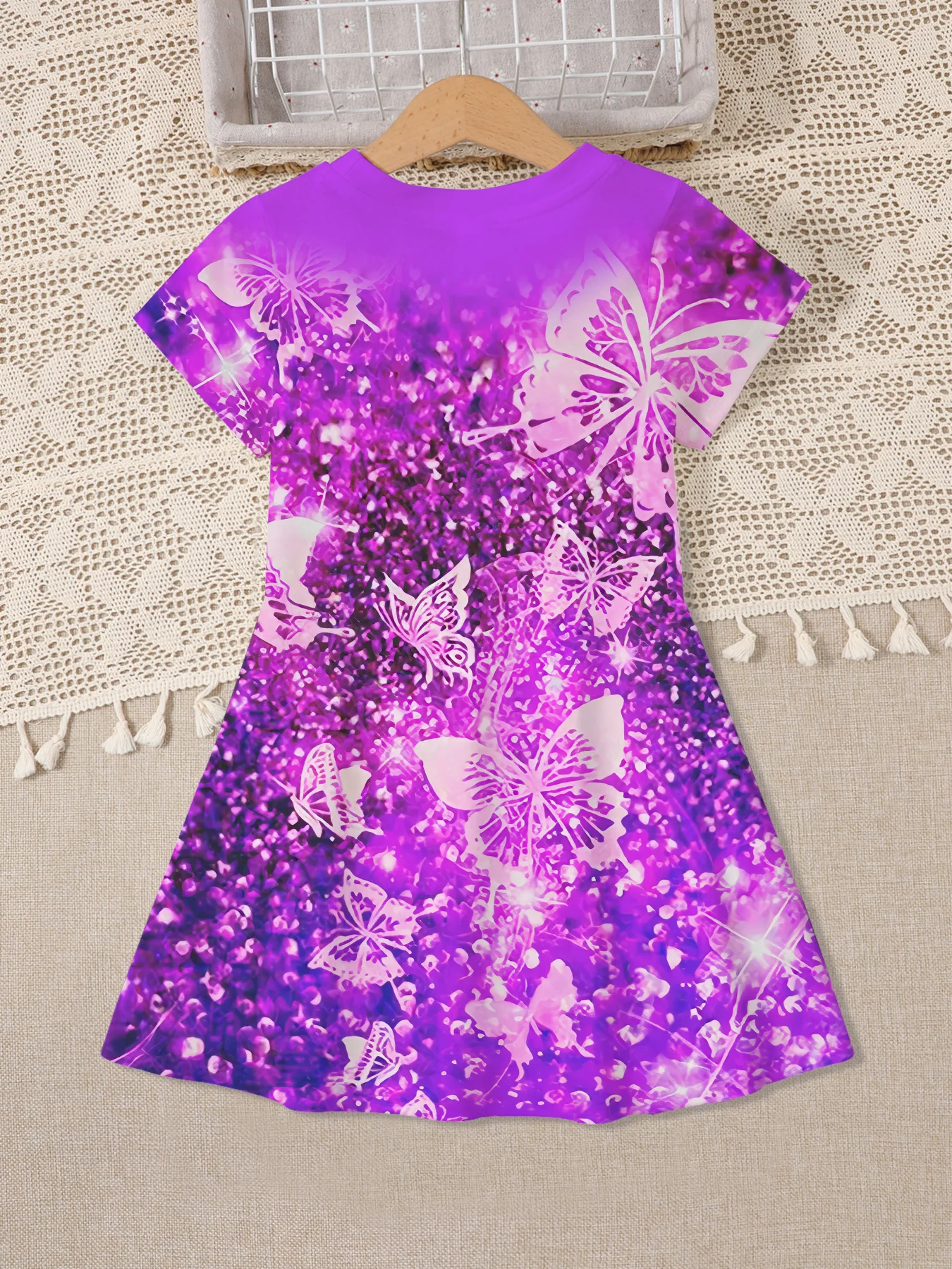 Little Girls A-line Dress, Shimmer Purple Glow Butterfly Graphic Short Sleeve Dress for Holiday & Daily Wear