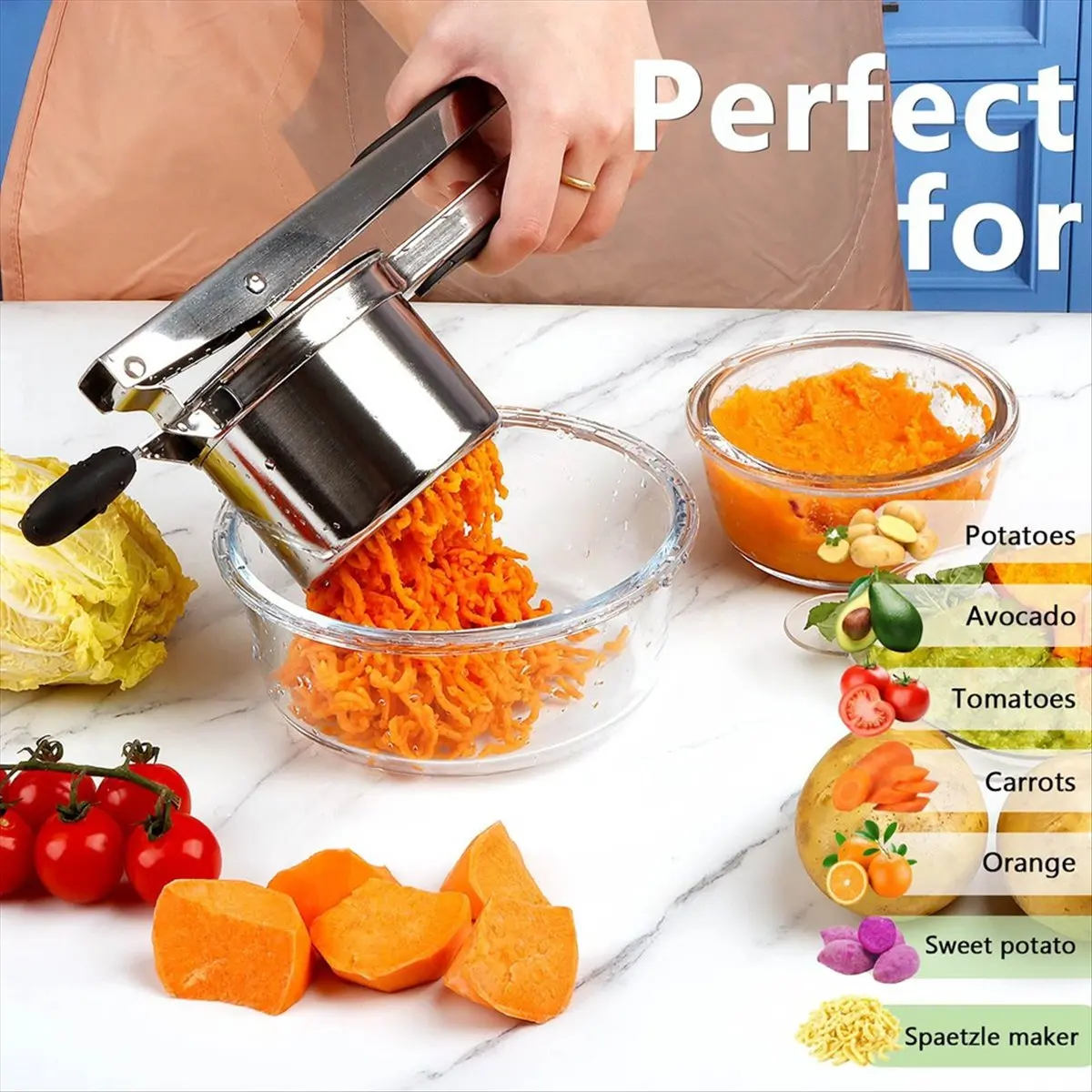 A67T NEW Potato Ricer with 4 Discs, Heavy Duty Stainless Steel Potato Masher and Ricer for Mashed Potatoes Tool, Lemon Squeezer