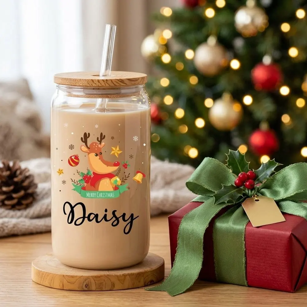 2026 New Personalized Christmas Reindeer Glass Cup with Bamboo Lid Straw Custom Name 16oz Iced Coffee Tumbler Xmas Holiday Gift.