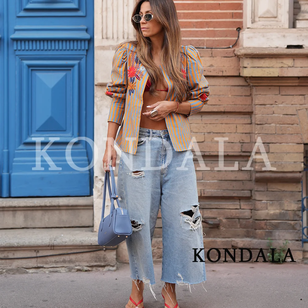 KONDALA Damen Vintage Blumenbestickte Gestreifte Jacke 2025 Sommer Frühherbst Schicke Streetwear-Jacke Elegante Freizeit Slim-Fit-Jacken – Detail 2