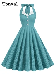 Tonval Button Up Plaid Vintage Fit and Flare Dress Summer Women Pinup Robe Halter Backless Evening Party Pockets Dresses