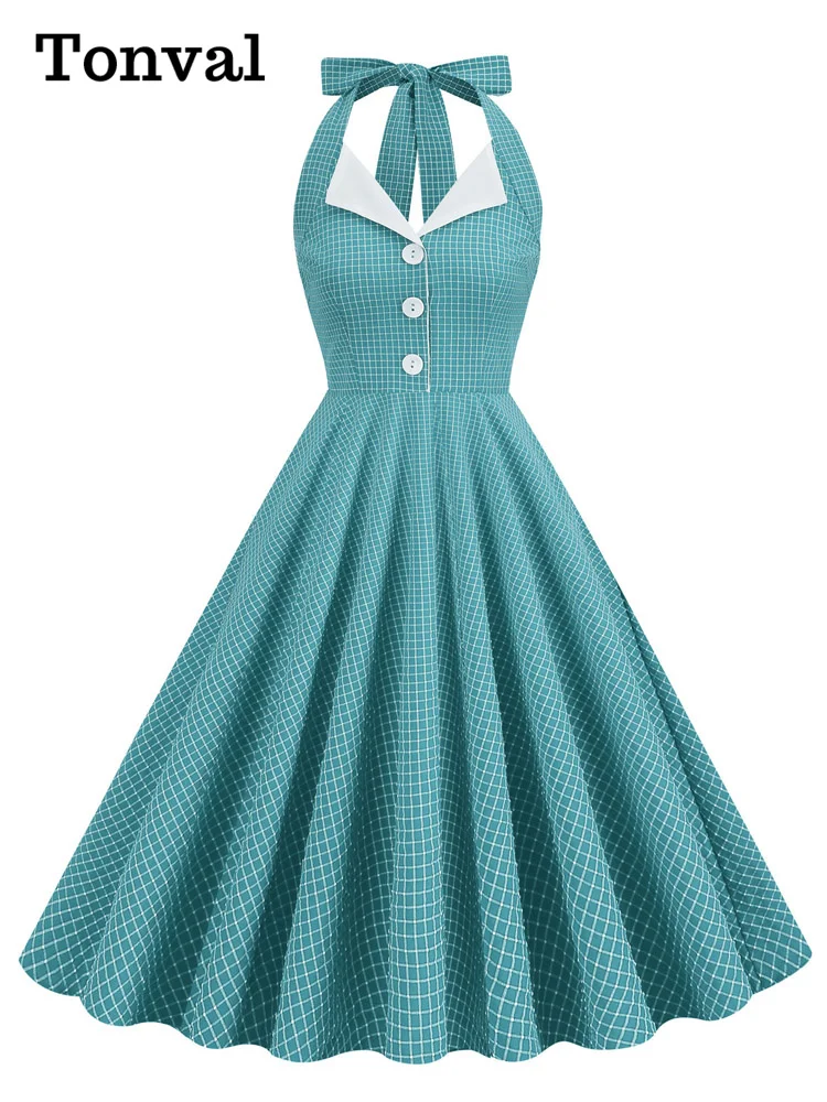 Tonval zapinana Plaid Vintage dopasowana sukienka z falbanką lato kobiety Pinup szata Halter bez pleców suknie wieczorowe Party kieszenie