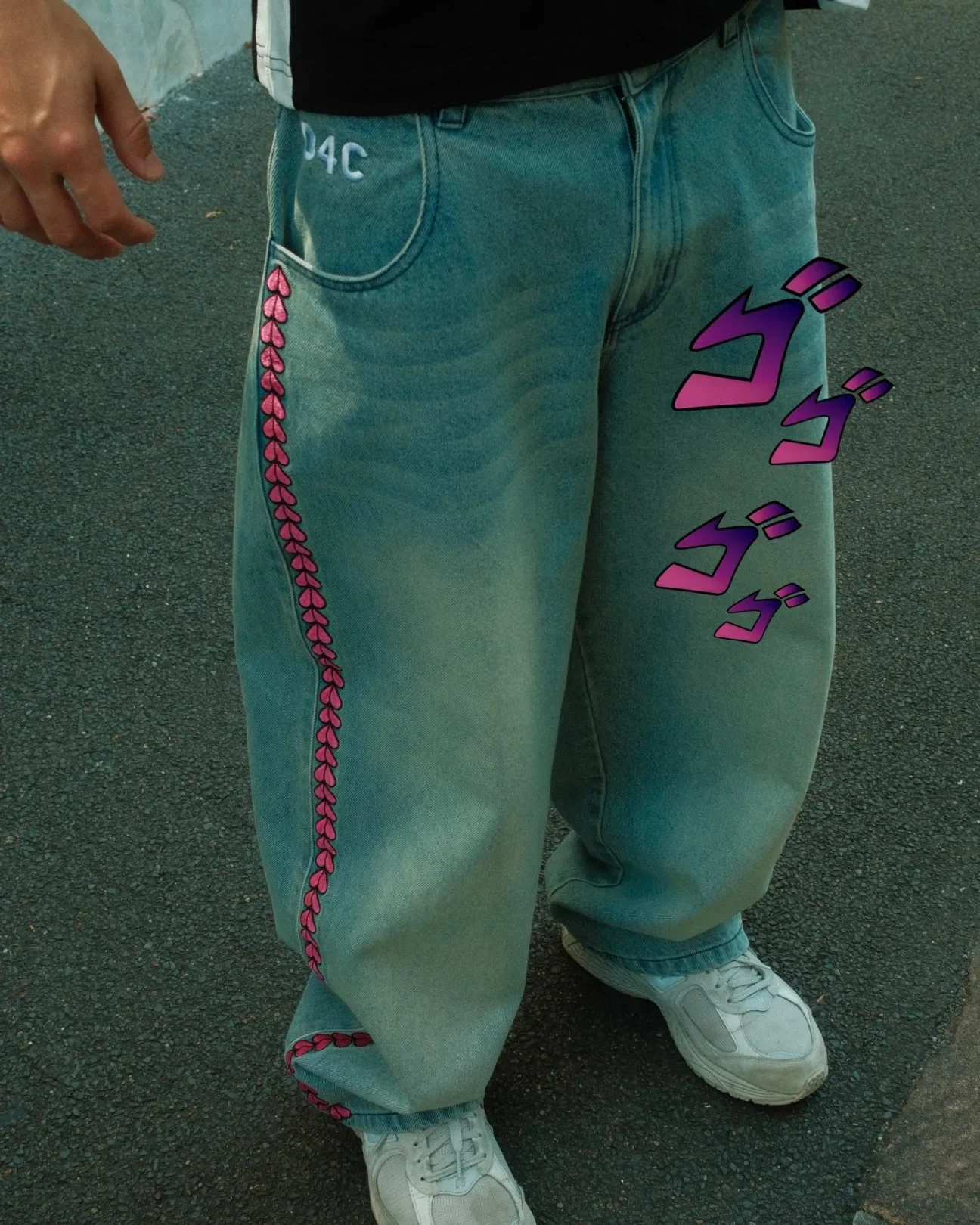 Women's Pink Heart Side Embroidery Men's Y2K High Waist Loose Jeans Loose Washed Jeans Streetwear Wide Leg Pants