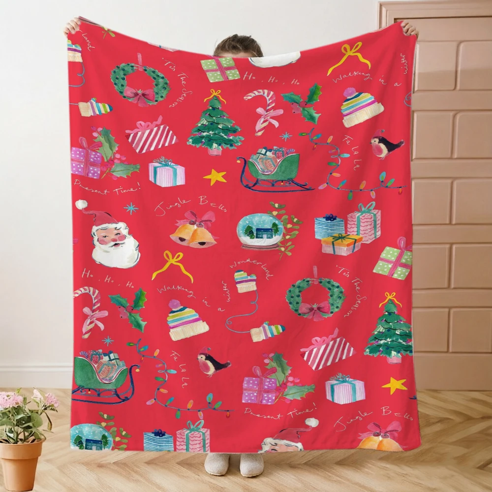 2d Printed Red Watercolor Christmas Elements Scatter Pattern Throw Blanket For Holiday Xmas Gift Living Room Decor