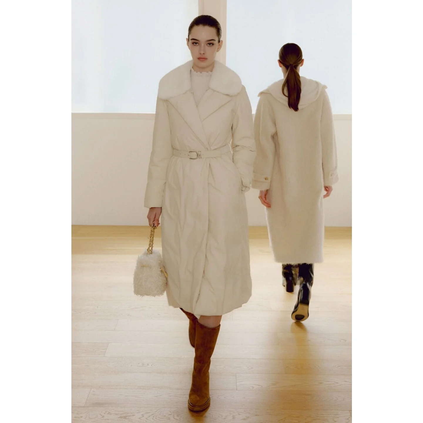 Detachable Fur Collar Windbreaker Sle Goose down Coat Stand Collar Waist Belt Commuter Versatile down Jaet Outerwear