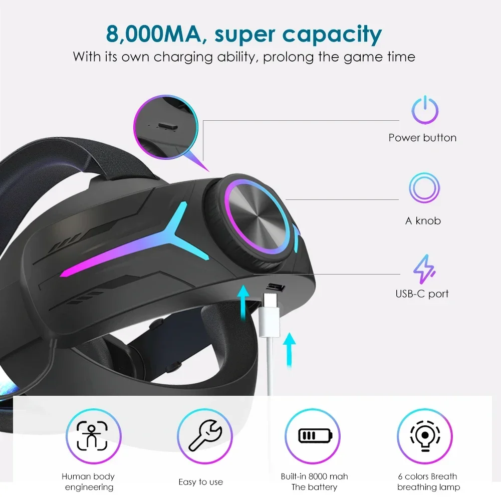 VR Accessories With Breathing Lights In 6 Colors 8000 Mah Battery Adjustable Replacement Head Strap For Meta/oculus Quest 2