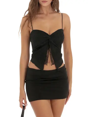 Elegant Lace Crop Tops and High Waist Skirts Set for Women Sleeveless Camisoles with Front Slit and Mini Skirt Summer Outfit