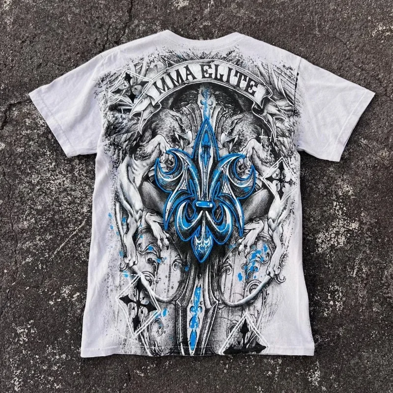 MMA Elite Y2K Aesthetic Blue Iris Flower Digital Print T Shirt Unisex Streetwear Cotton Oversized Tee Vintage Futuristic Style