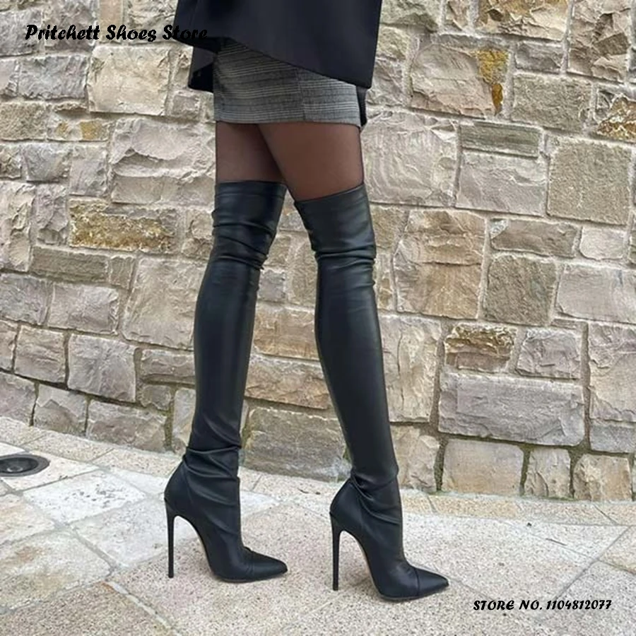 

Сексуальные женские кожаные эластичные сапоги, всесезонные сапоги до бедра на шпильке, уличный стиль, офисные трендовые сапоги выше колена