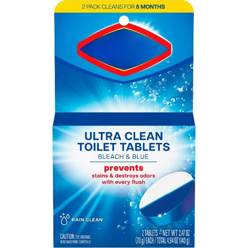 Bleach and Blue Toilet Bowl Cleaner Tablets, Rain Clean, 2 Count