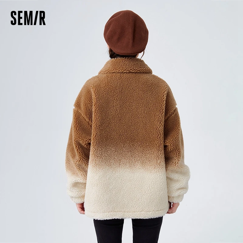 Semir Coat Women Mid-Length Gradient Imitation Lamb Wool Stand Collar Winter Loose Fashion Trendy Coat