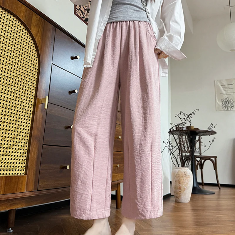 الصيف عارضة فضفاض واسعة الساق السراويل للنساء الحرير الجليد مطوي السراويل امرأة مريحة في الهواء الطلق الصلبة المرأة Capris