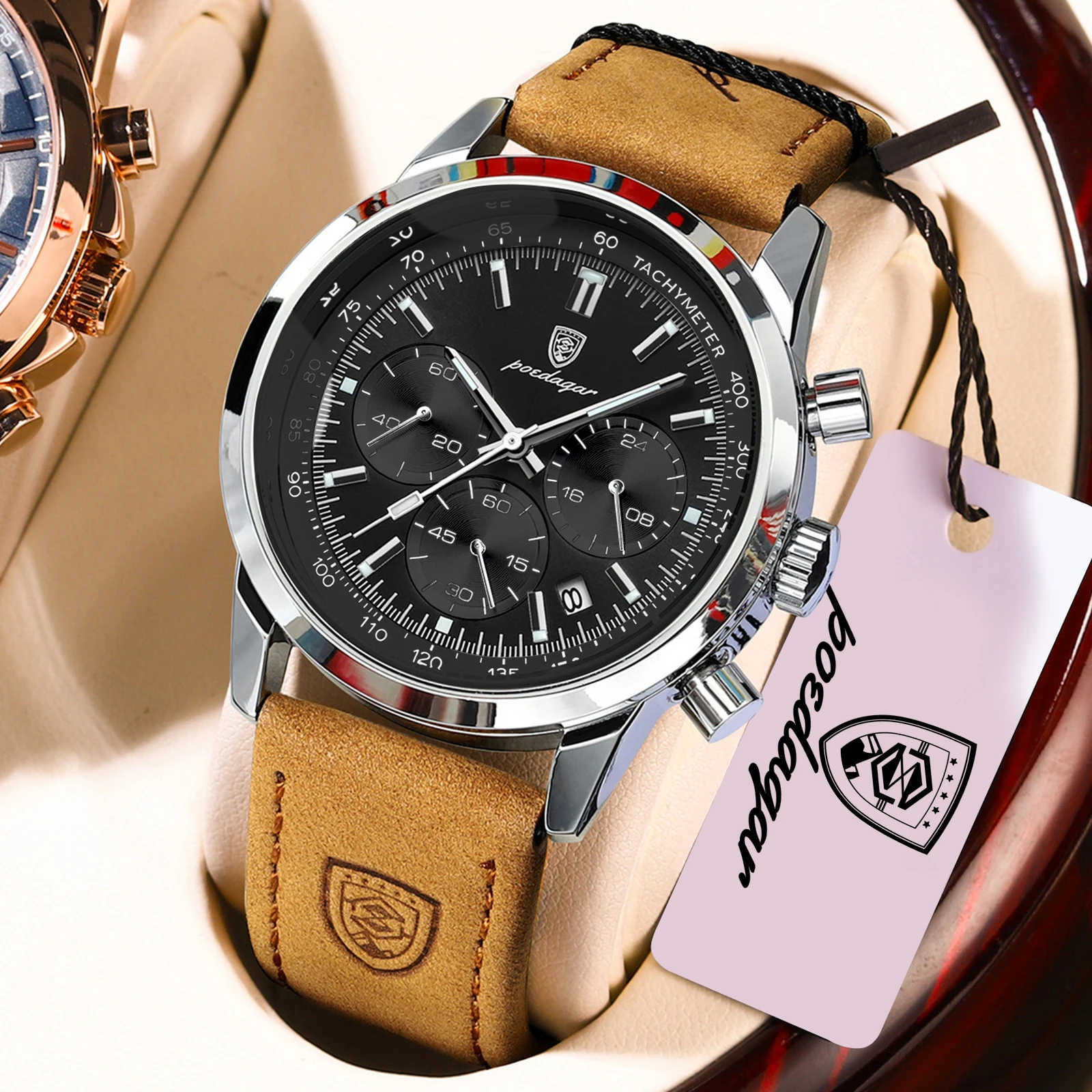 POEDAGAR Top Marke männer Quarzuhr Wasserdicht Leucht Chronograph Military Mann Uhr Luxus Mode Leder Uhren Für Männer 9