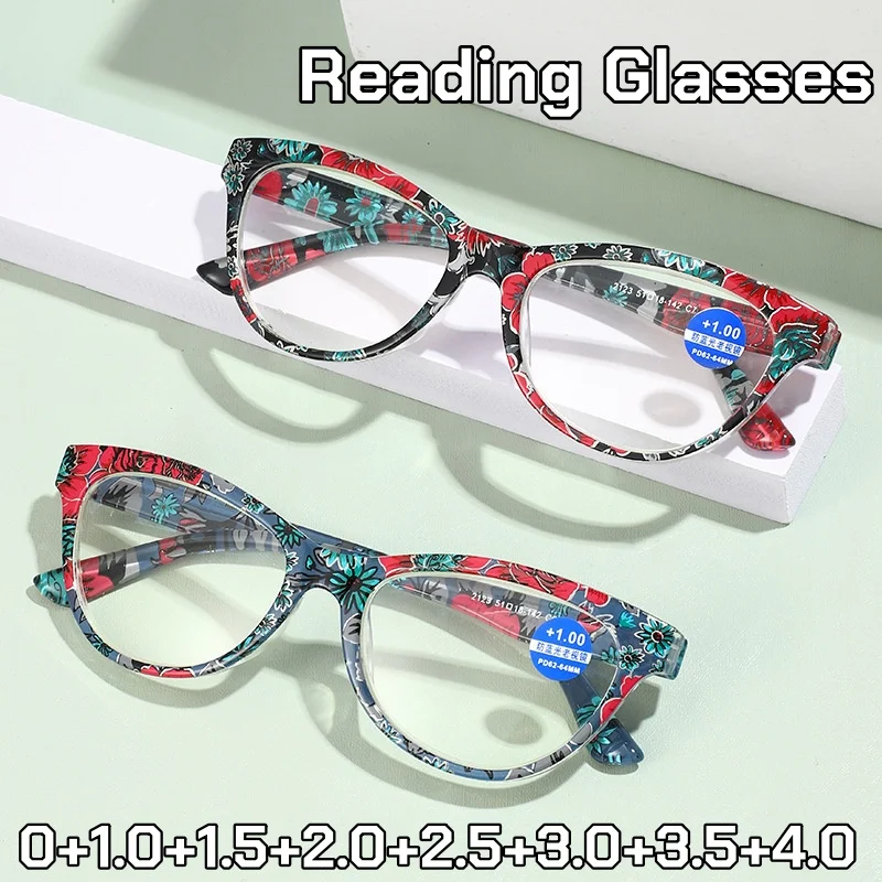 

Fashionable Floral Patterns Reading Glasses New Stylish Cat Eye Blue Light Blocking Presbyopia Glasses for Women Eye Protection