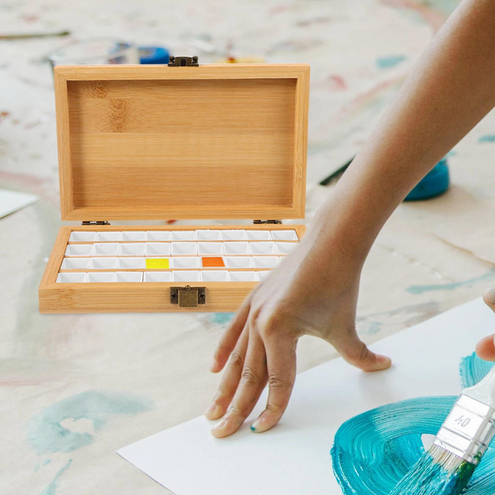 

1Set Watercolor Pigment Box Wooden Plastic Iron Lightweight Easy Wash Color Modulation Art Accessory Painting Works Gift Friends