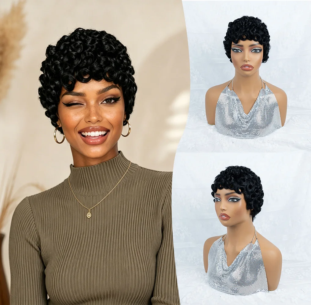 Short Finger Wave Pixie Cut Human Hair Wigs for Women Full Machine Made Wig Natural Black Retro Tiny Bouncy Ringlets Wig