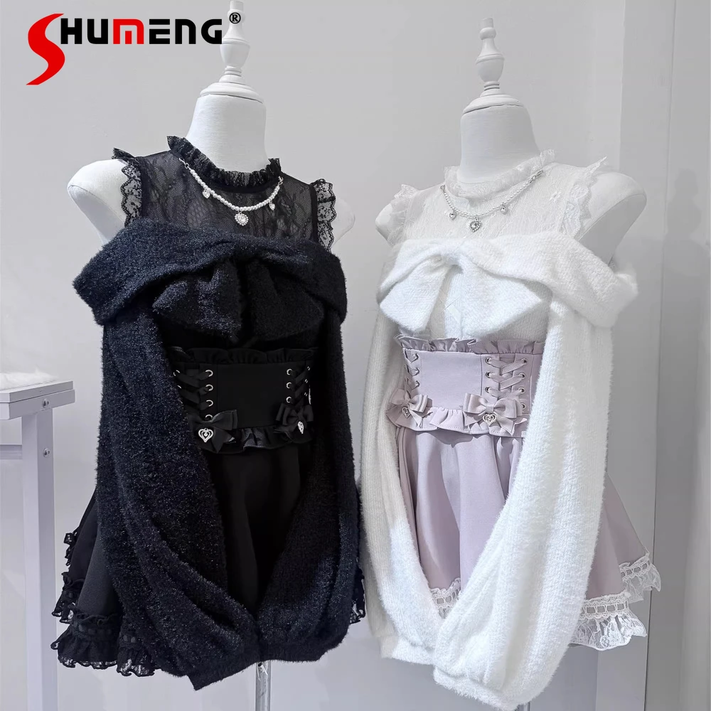 

Original Japanese Style Lace Spliced Off-Shoulder Long Sleeve Bow Sweet Versatile Lolita Knitted Pullover Tops Women Spring 2026