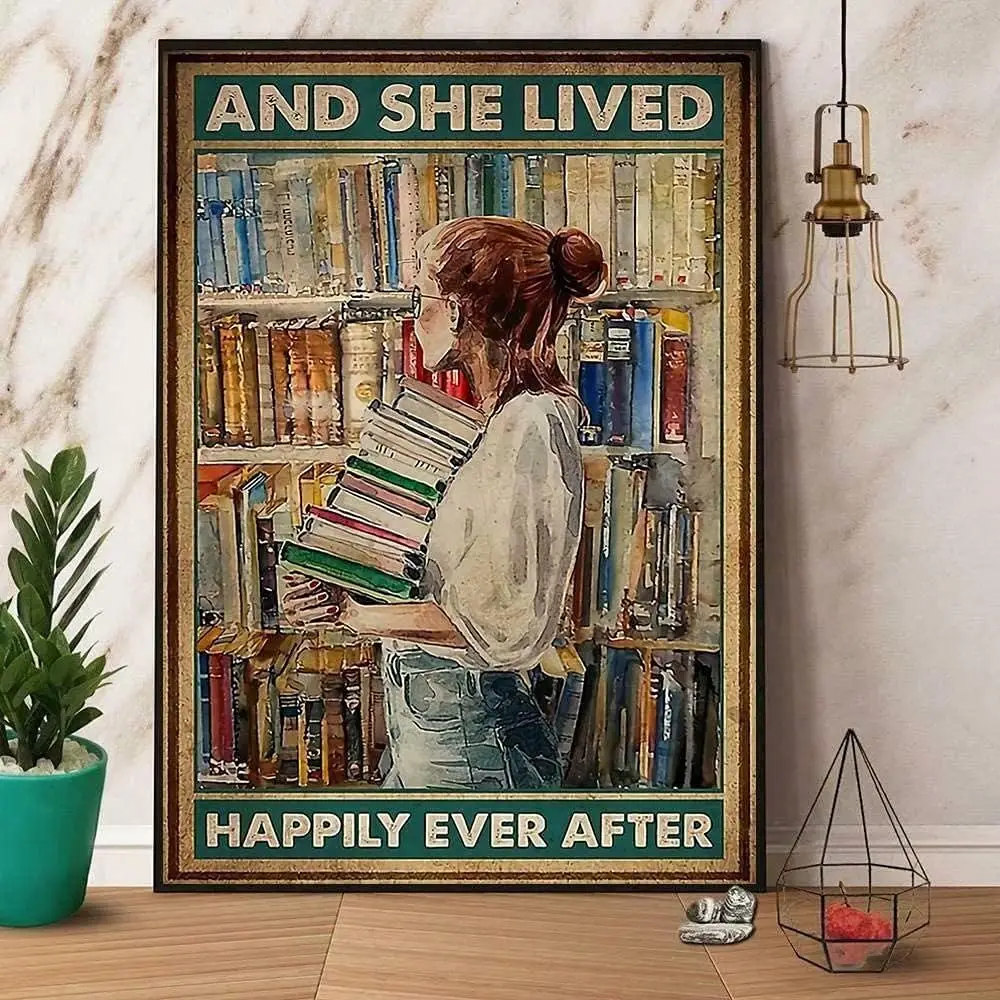 Metal Tin Sign-And She Lived Happily Ever After, Library Garden Cafe Living Room Kitchen Bathroom Corridor Door Art Wall De sign