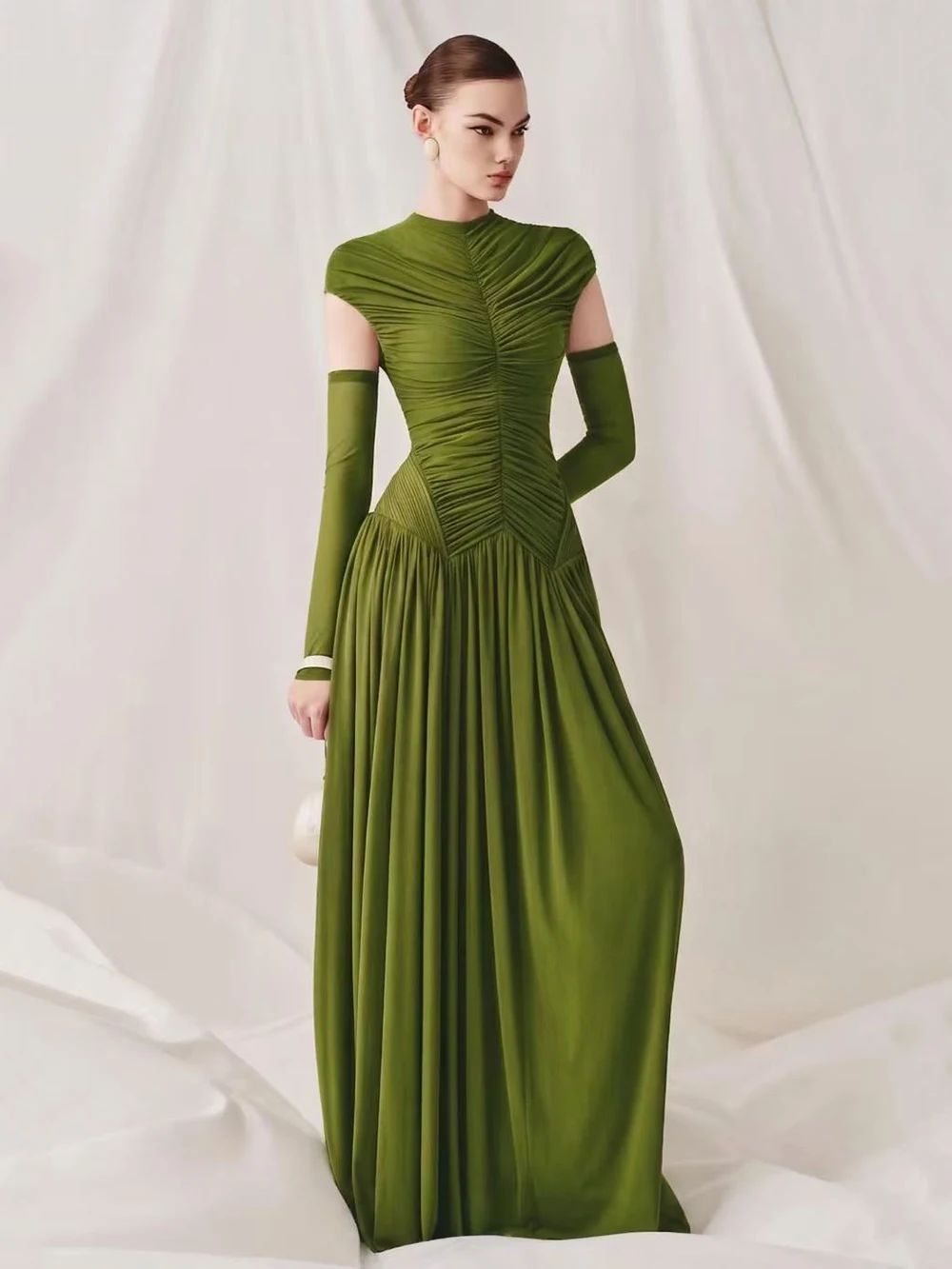 Modphy Solid Slim Fit Maxi Dress Elegant O-neck Detachable Long Sleeves Party Dress New Temperament Pleated Women Maxi Dresses