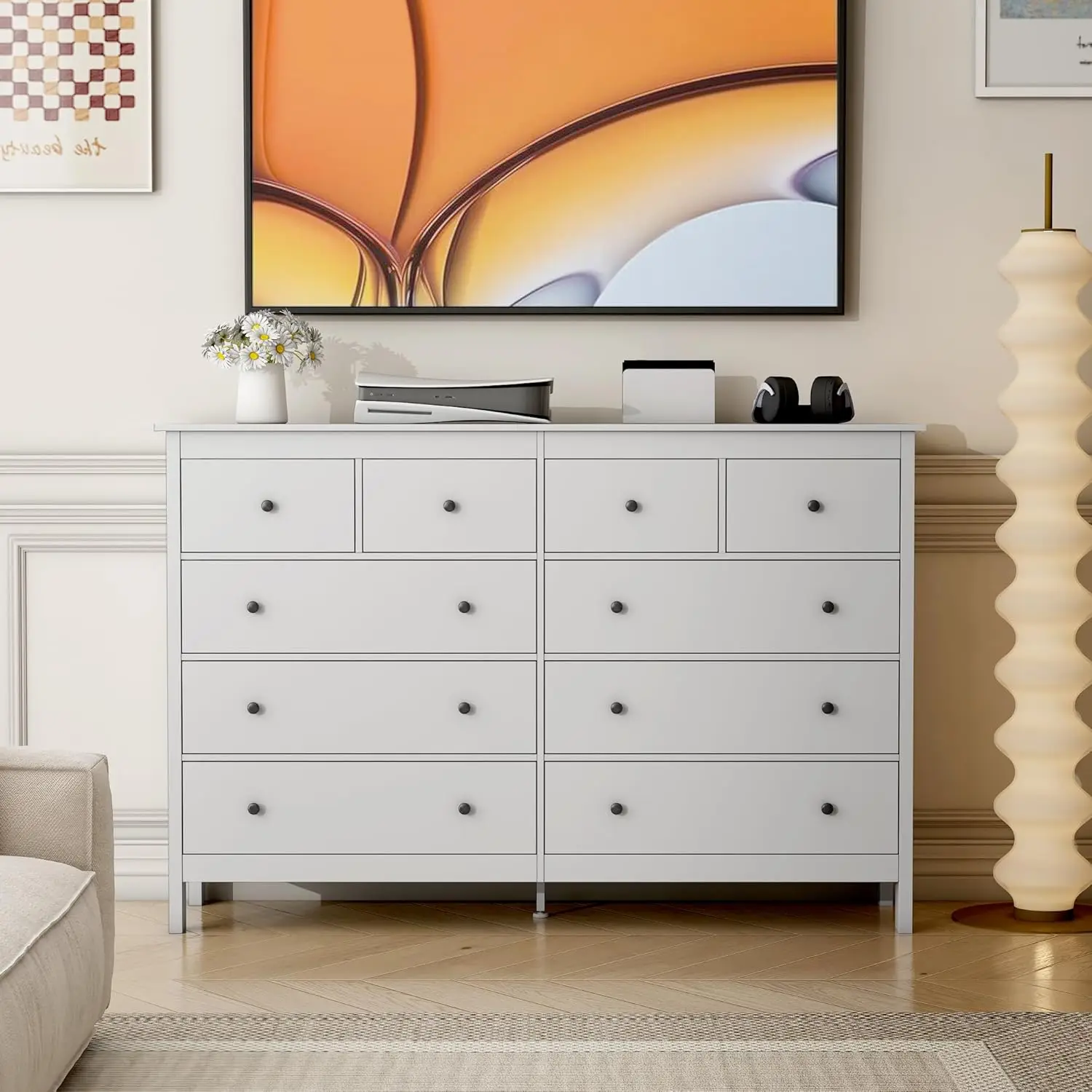 10 Drawer Dresser, 55" Modern White Dressers and Chests of Drawers, 10 Drawer Wide Dressers for Bedroom