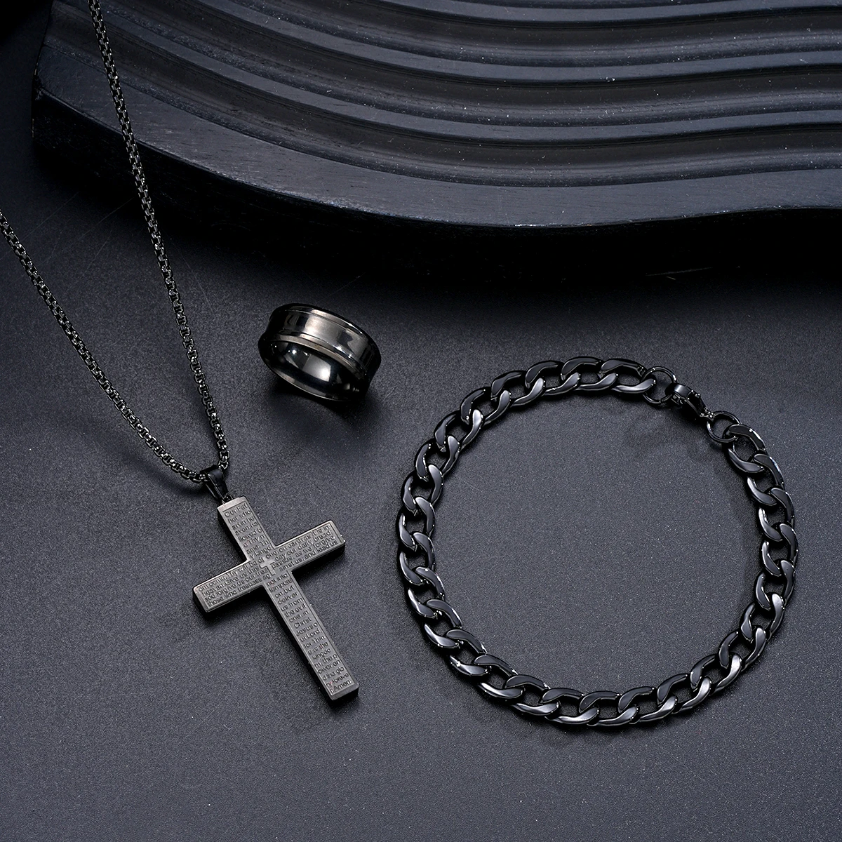 3Pcs/Set Stainless Steel Christian Cross Pendant Necklaces Bracelets Rings for Men Black Color Jewelry Sets Trendy Party Jewelry