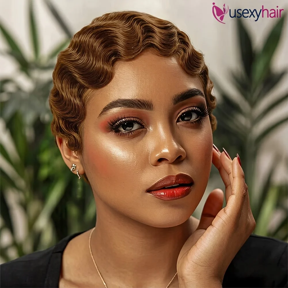 Short Human Hair Curly Pixie Cut Wig with Natural Brown Color for Women,This Short Wig Is Fully Machine-Made for Daily Wear & Su