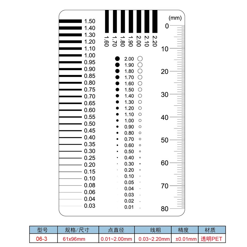 Chest card gauge, film ruler, point gauge, line gauge, stain, crack comparison card, scratch, transparent ruler model