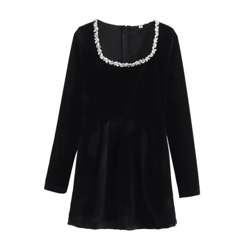 2025 Spring New Dress Fashionable And Versatile Beaded Long-sleeved Black Velvet Elegant Dress