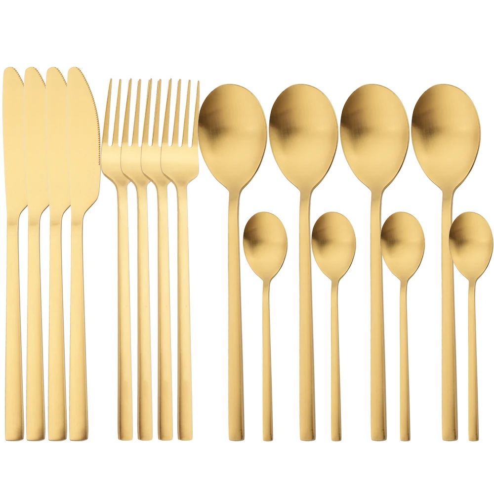 Drmfiy Matte Gold 4/16Pc Tableware Stainless Steel Dinnerware Cutlery Set Dinner Knife Fork Spoon Kitchen Accessories For Home