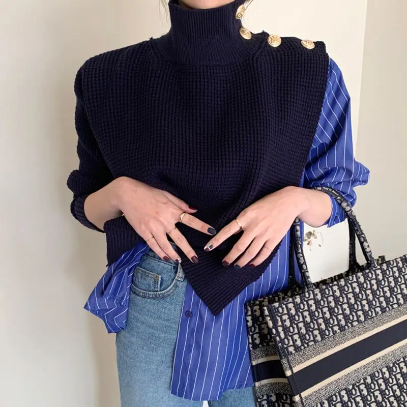 Spring Autumn Turtleneck Long Sleeve Sweater Women High Street Button Striped Patchwork Pullovers Elegant Cotton All-match Tops