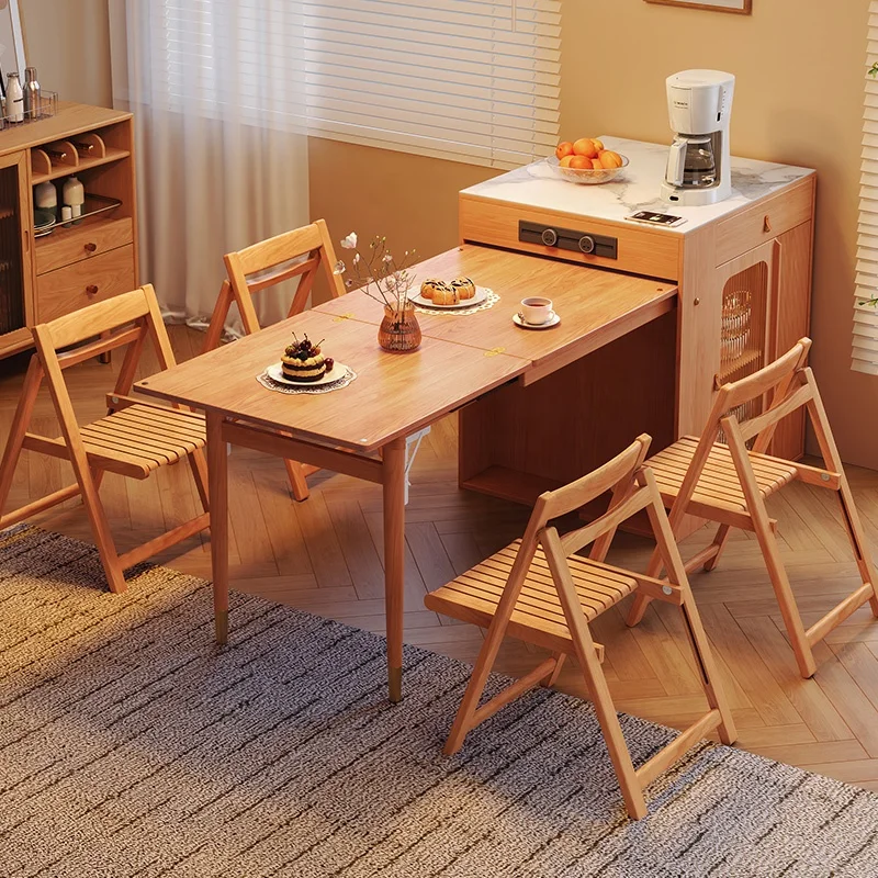 Factory Hot Sell Nordic Original Wood Color Retractable Folding Island Dining Table And Chair Combination