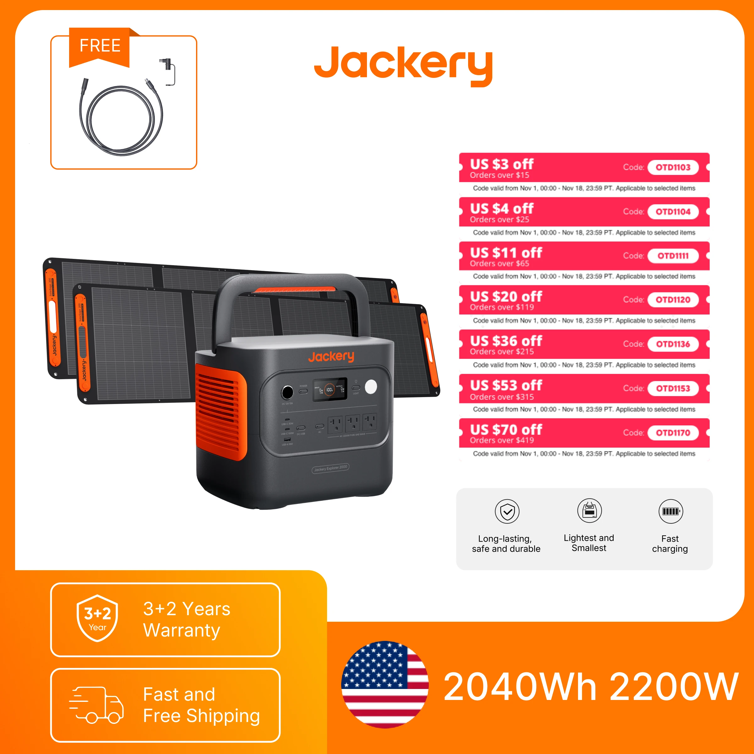 Jackery E2000AC Portable Power Station 2037Wh LiFePO4 Battery, 2200W Solar Generator with 2x 200W Solar Panels and 5m Extension Cable for RV Camping Emergency Home Backup
