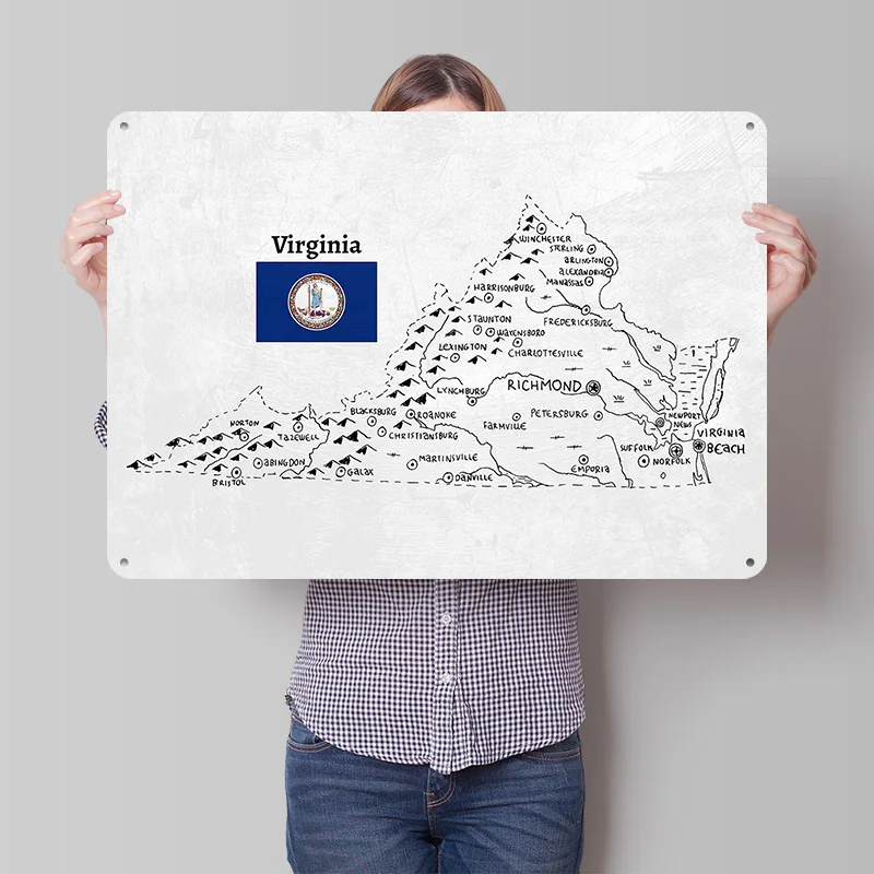 Hand Drawn Map of Virginia Personalized 3D Textured Metal Poster Wall Art Tinplate Sign for Modern Home Decoration Ornaments