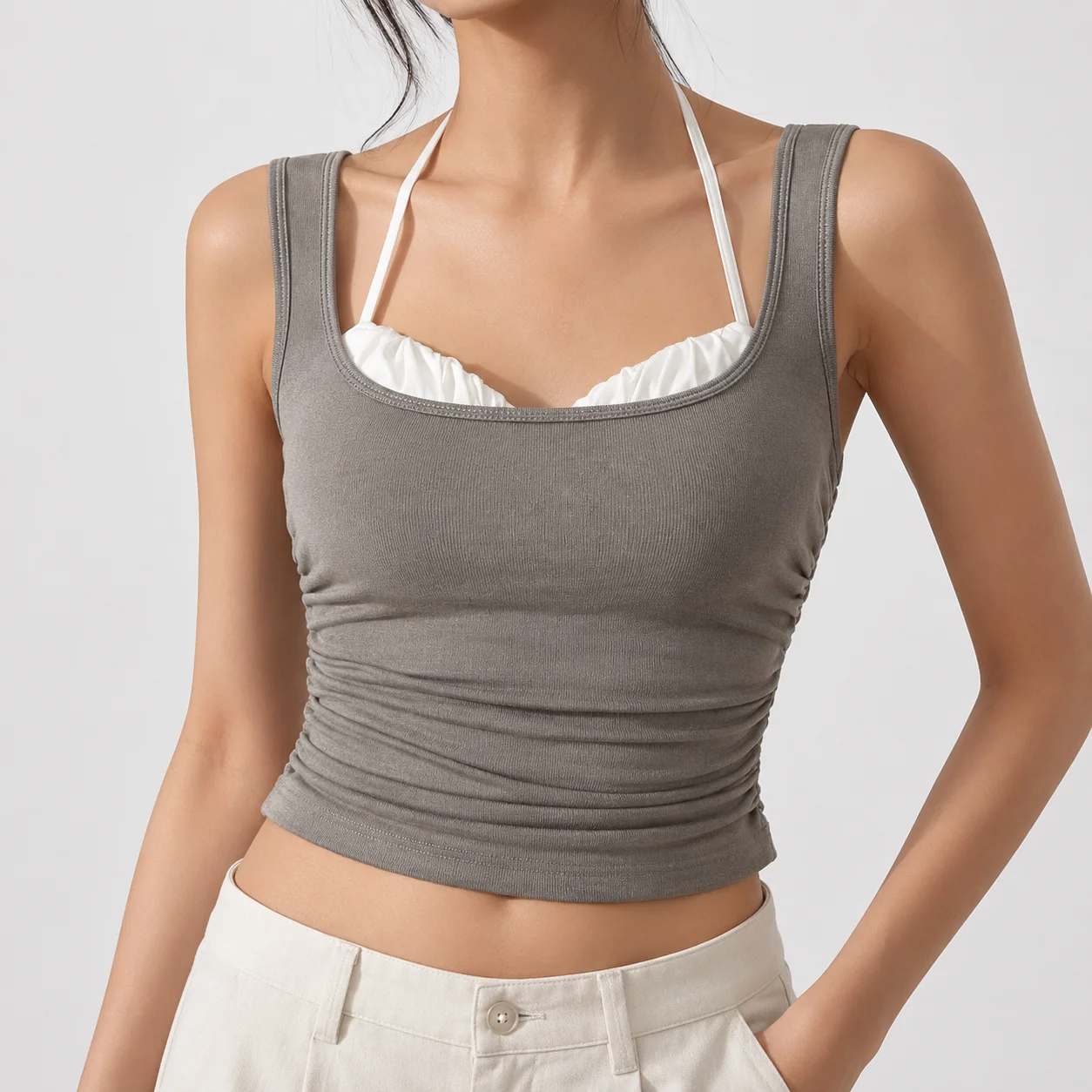 Contrast 2-in-1 Halter Top Women's Grey Side Ruched Bustier Women Form Fitting Square Neck Cropped Tank Top