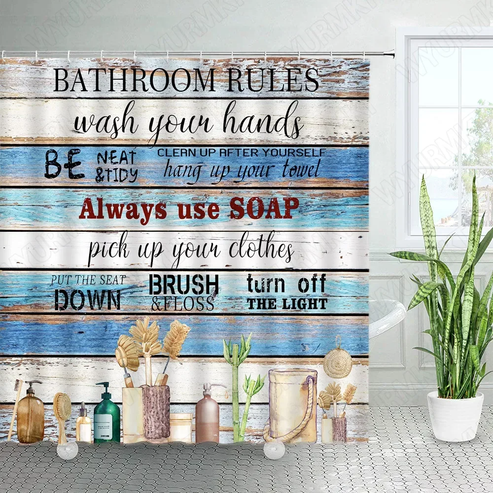 Creative Bathroom Rules Shower Curtain Retro Farm Wood Board Plant Blue White Plank Aphorism Printed Fabric Bath Curtains Decor