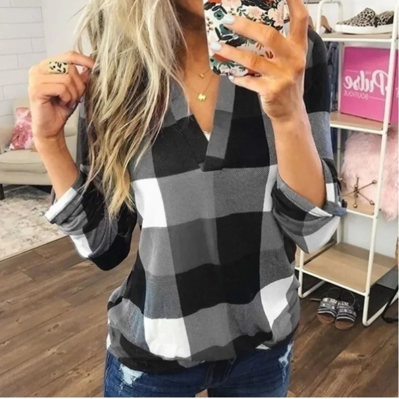 Spring Autumn Vintage Classical Plaid Print V-neck Long Sleeve Casual Pullover Shirt Elegant Fashion Loose Blouse Female Clothes