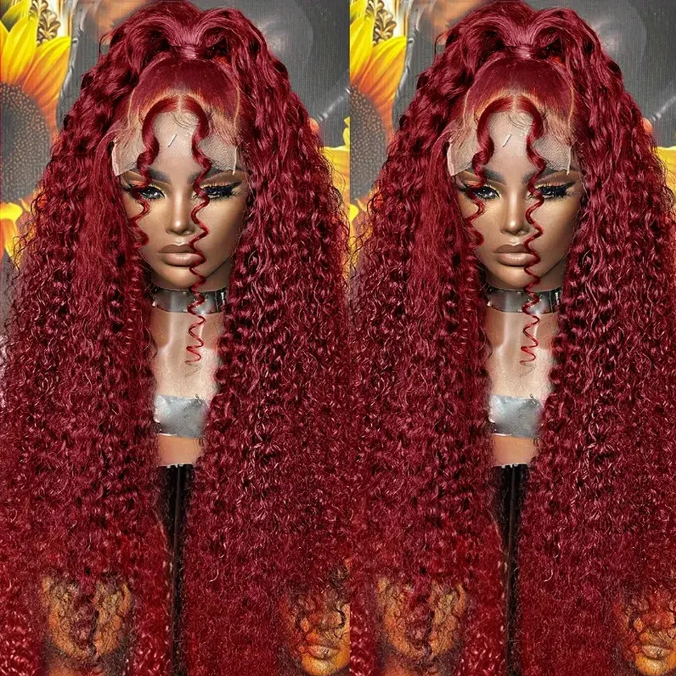 180 Density 30 34 Inch 99J Burgundy Deep Wave 13x4 Lace Front Human Hair Wig 13x6 Lace Frontal Red Curly Wigs Remy For Women ﻿