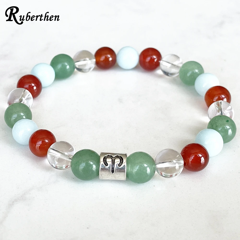 Ruberthen Womens Aries Zodiac Bracelet 8 MM Clear Quartz Green Aventurine Aquamarine Energy Wrist Mala Natural Gemstone Jewelry