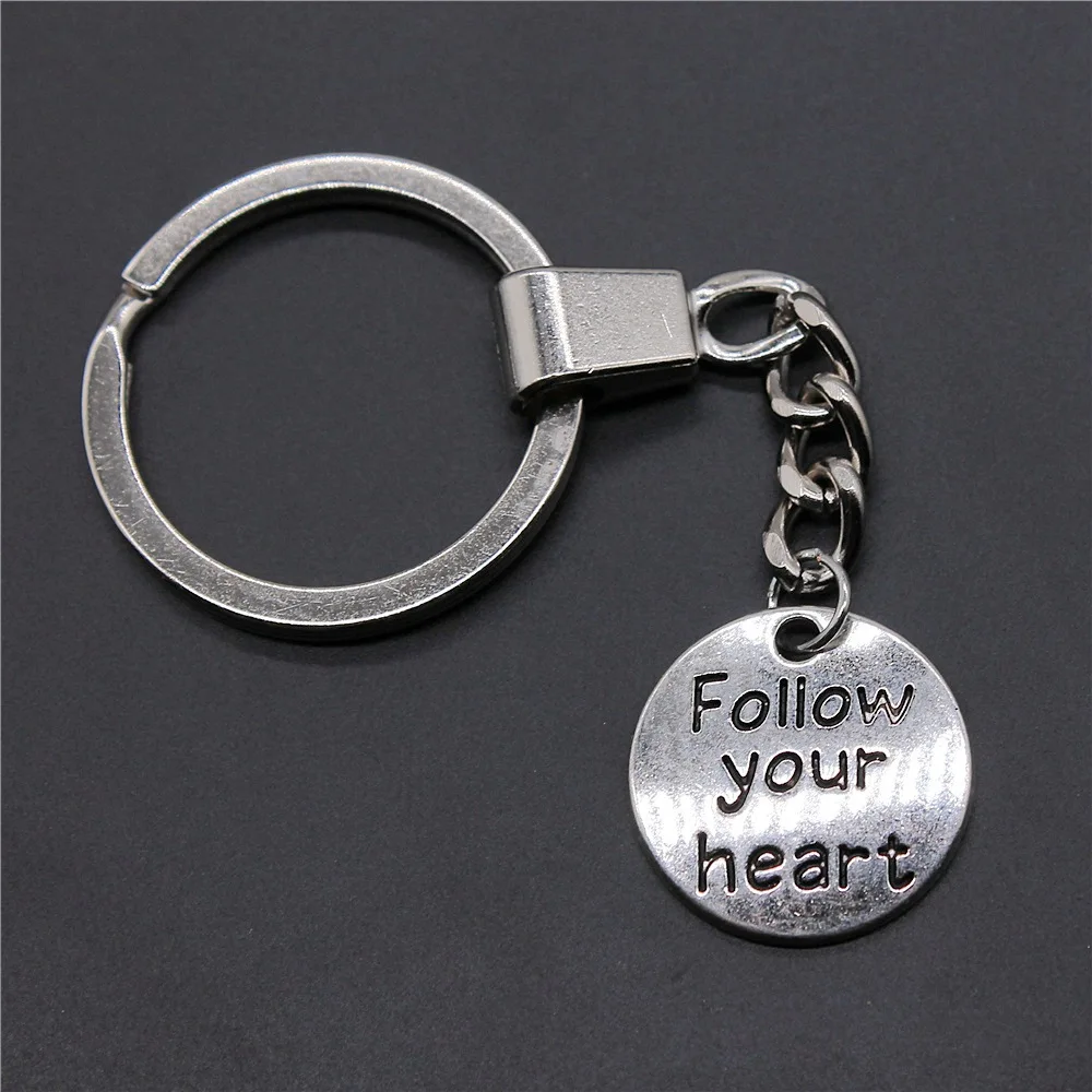 Women Men Keychain DIY Metal Holder Chain Antique Silver Color 20x20mm Follow Your Heart Pendant Keyring Gift