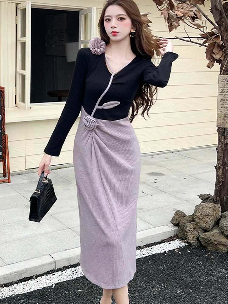 

New Spring Elegant Three-Dimensional Floral Evening Party Dress Female Korean Fashion Contrast Color Splicing OL Bodycon Dress