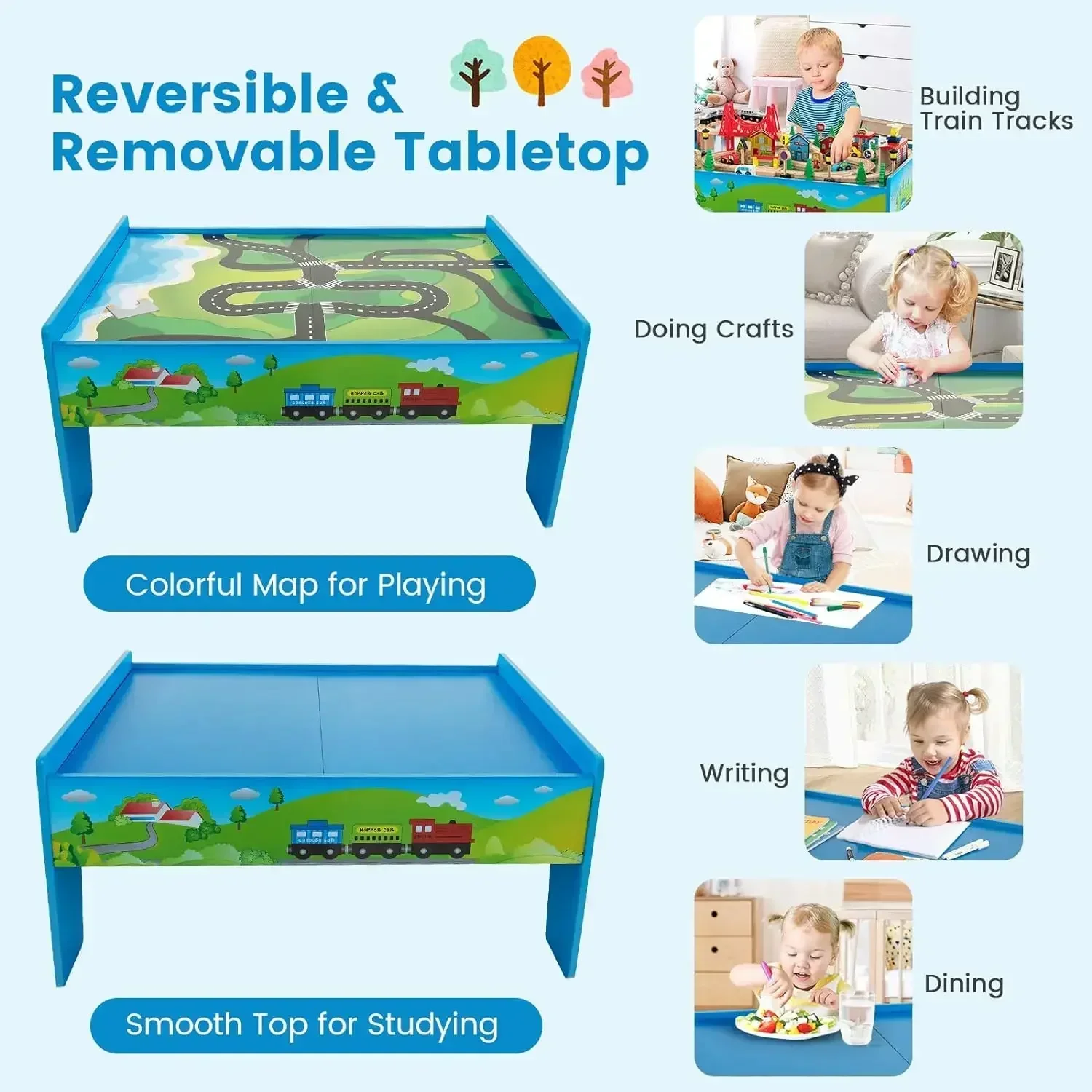 Train Table,Wooden Kids Activity Table Playset with Reversible & Detachable Tabletop,Solid Wood Tracks,Railway